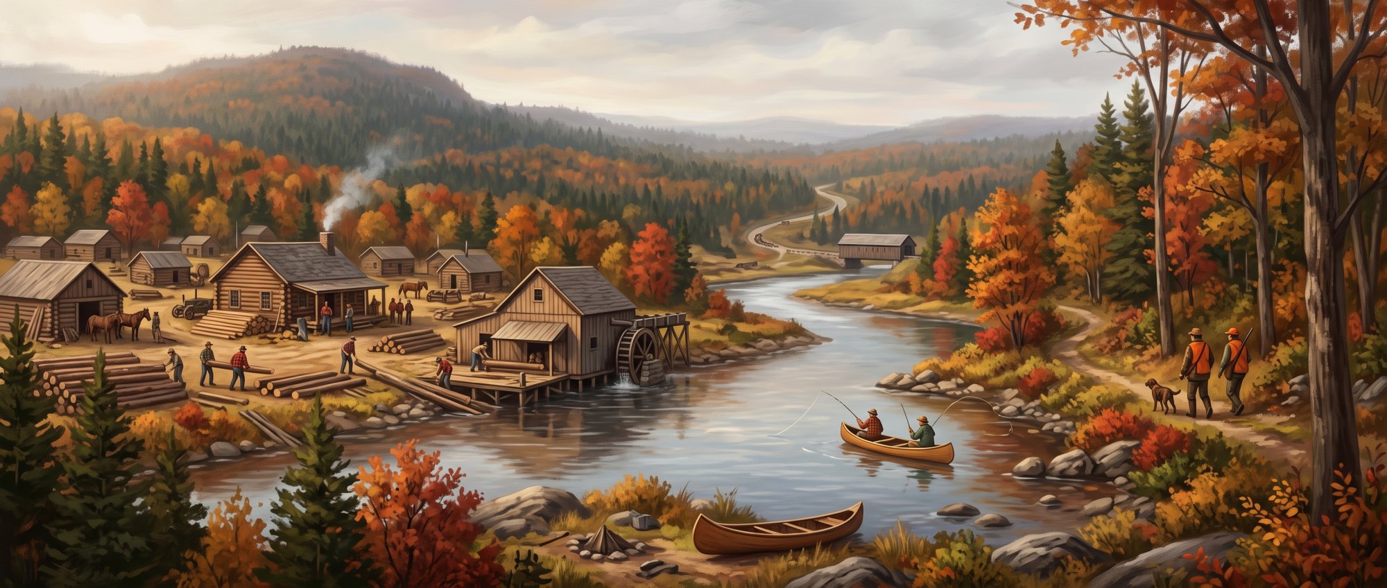 Illustration of The Allagash is a logging community and is known for it's hunting and fishing opportunities. I would like images that depict these activities and at least one needs to depict a logging camp with loggers milling about.