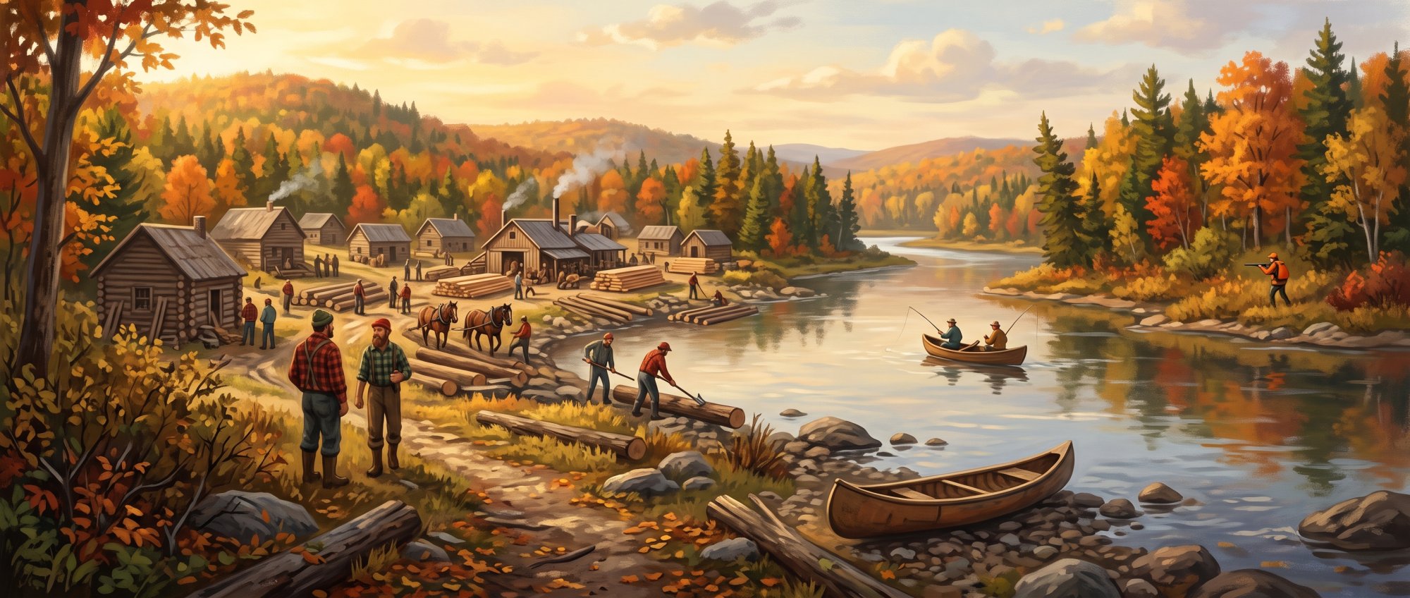 Illustration of The Allagash is a logging community and is known for it's hunting and fishing opportunities. I would like images that depict these activities and at least one needs to depict a logging camp with loggers milling about.
