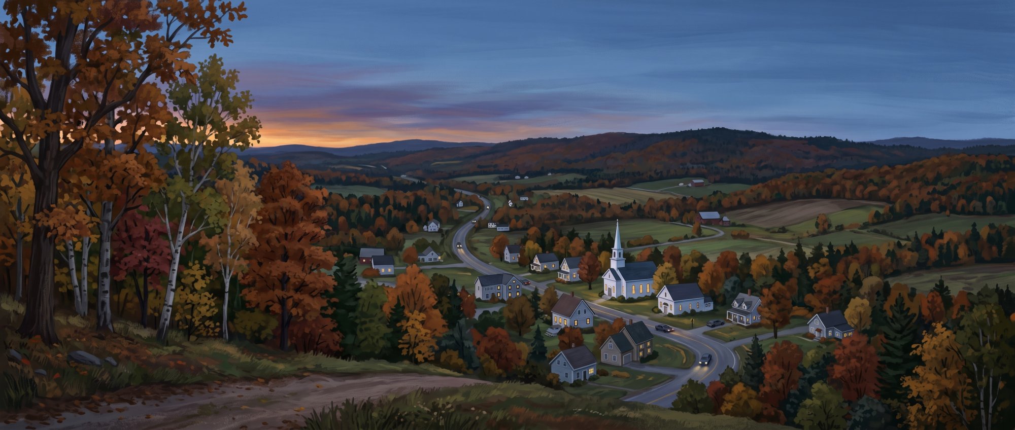 Illustration of I would like you to use images of the area in and around Amity, Maine in Aroostook County to depict small town Maine.