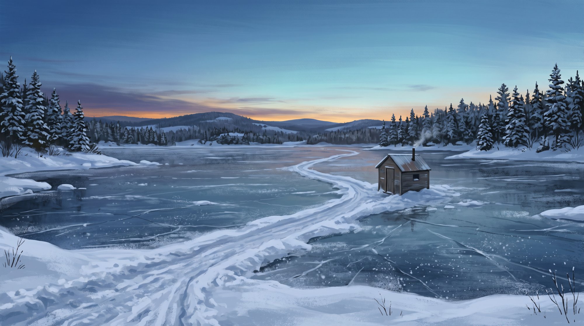Illustration of a frozen lake under a pale winter sky with a small ice-fishing shanty and a line of snowy spruce in winter