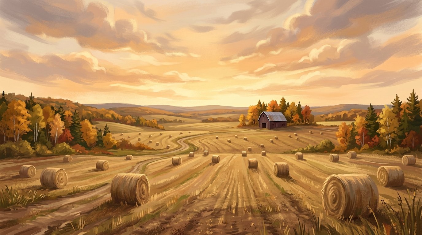 Illustration of a hayfield with round bales and a small distant barn under a big sky in fall