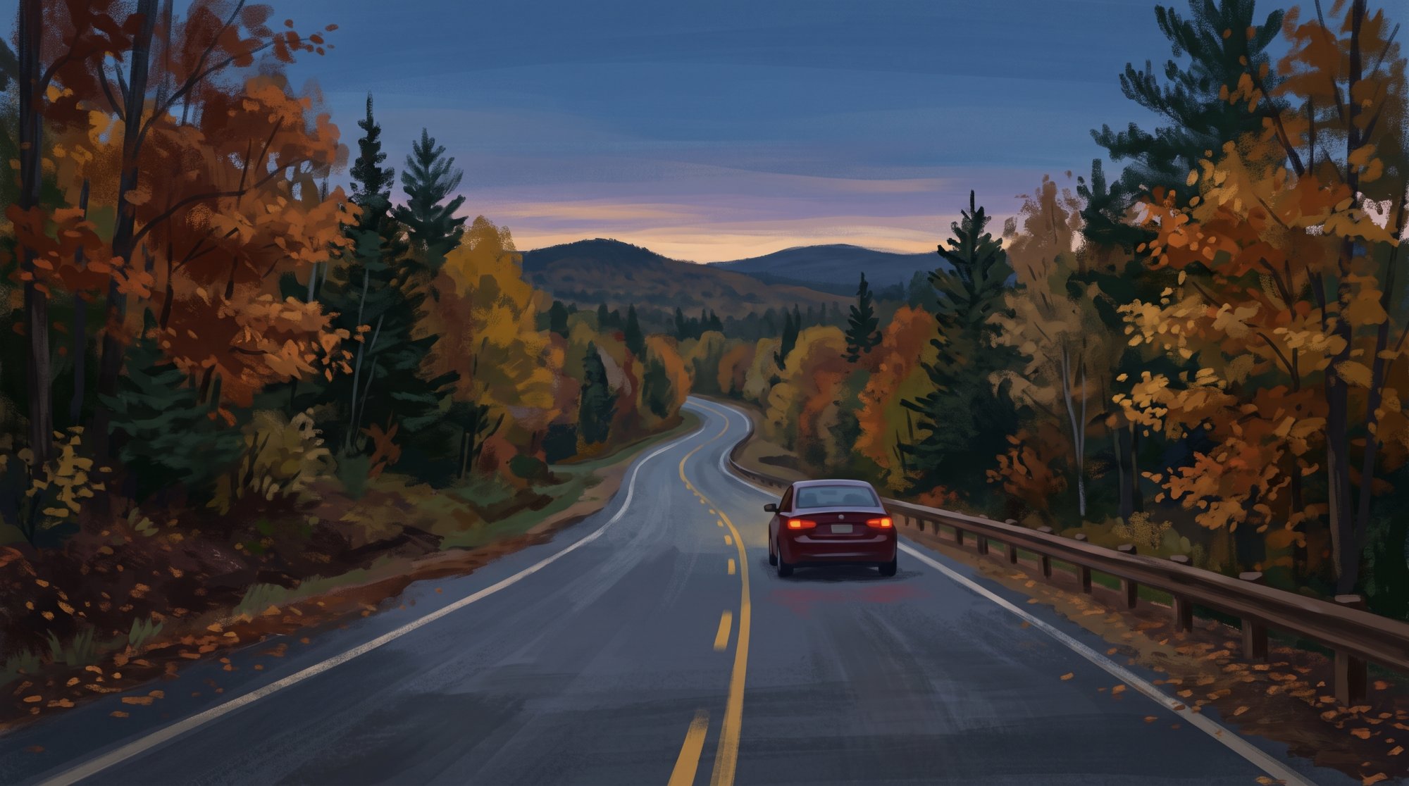 Illustration of I would like images that depict a drive from Ashland, Maine to Fort Kent Maine on US Rt 11 during the peak fall foliage season. I only want paved roads with a car on them in each image..