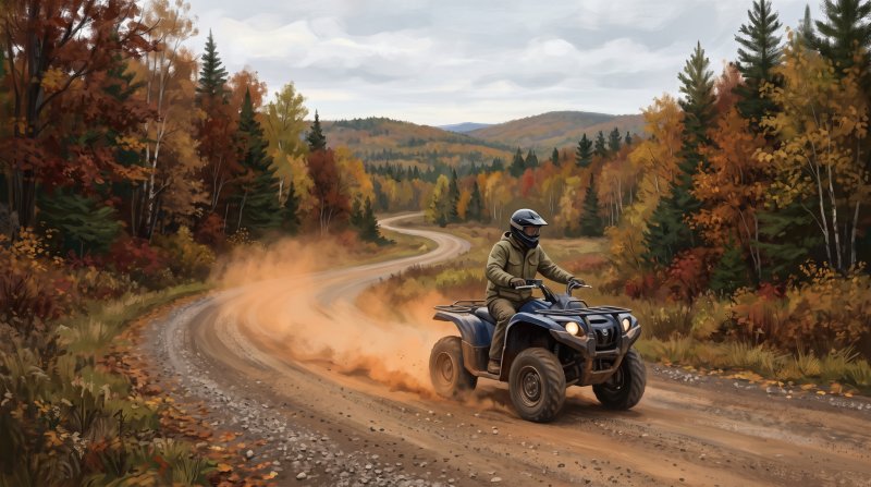 Illustration of I want the images to depict only one ATV rider in an area in Northern Maine, Aroostook County on a dirt road where there is dust flying up behind the wheels of the ATV