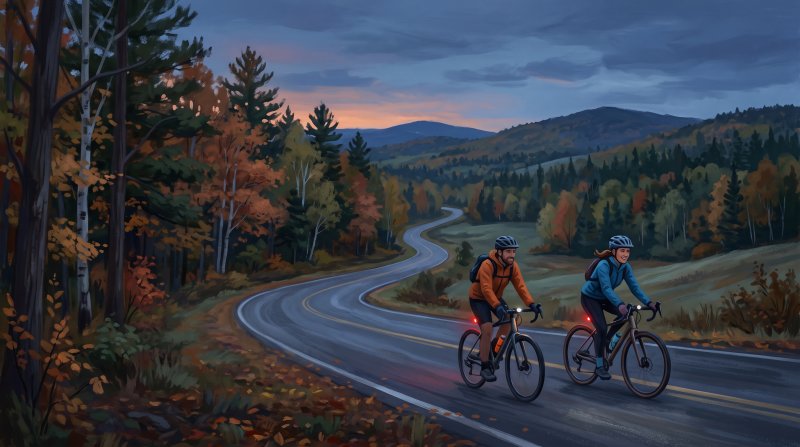 Illustration of I would like images of a couple biking in an area in Northern Maine, Aroostook County. I want the images to be differrent in each spot with different view. I want the peopple to be safely riding on a road where there are no cars.