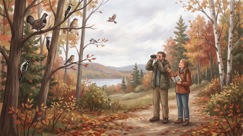 Illustration of I would like images depicting people actively doing the activity of bird watching in areas around Aroostook County Maine. I would like images that depict birds that can be found natively in Aroostook County.