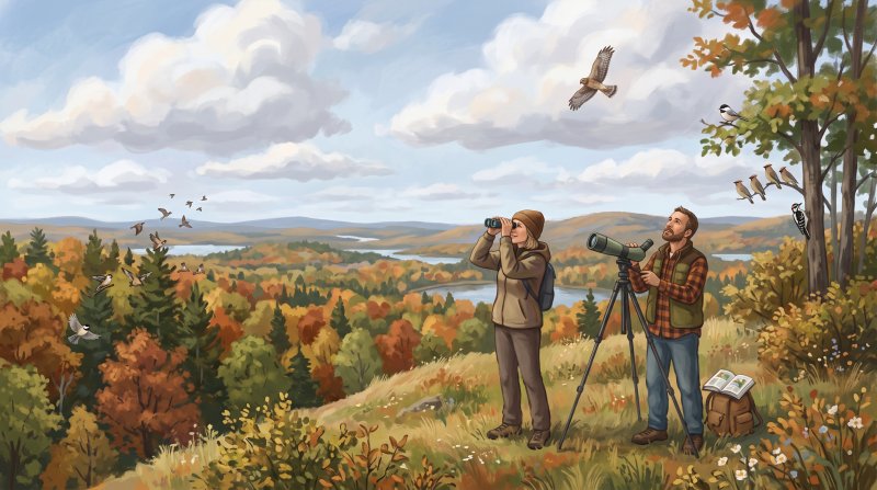 Illustration of I would like images depicting people actively doing the activity of bird watching in areas around Aroostook County Maine. I would like images that depict birds that can be found natively in Aroostook County.