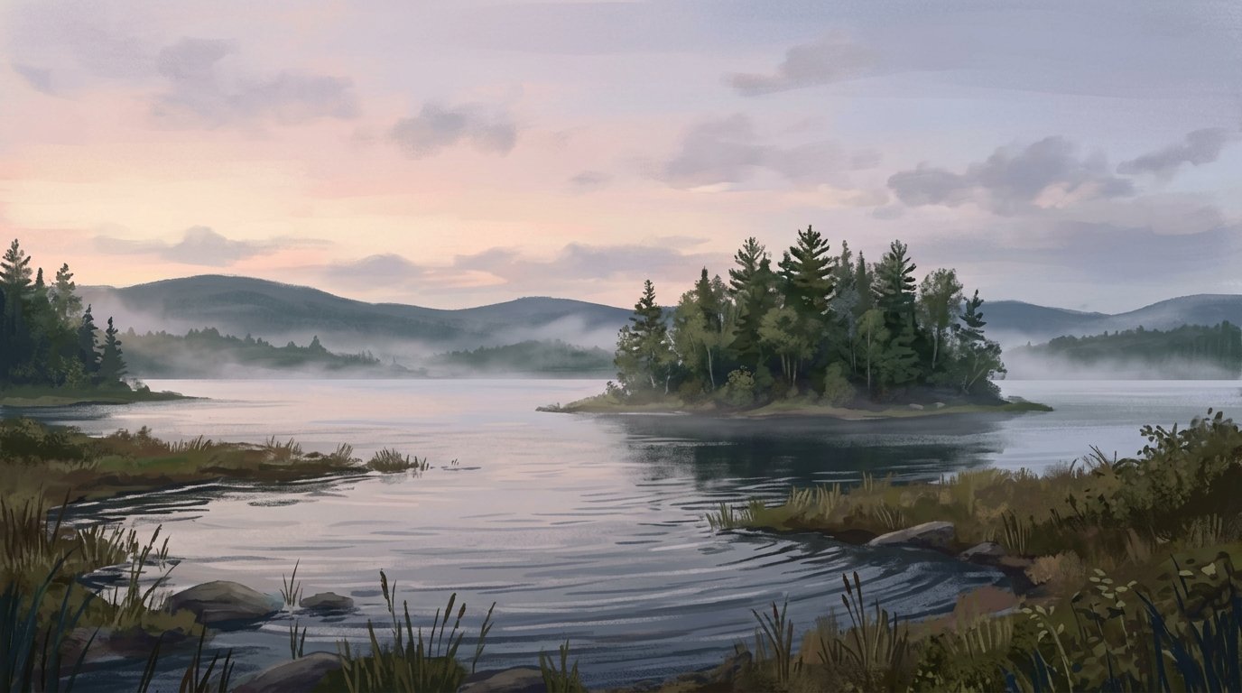 Illustration of a wide lake with a small wooded island and distant hills under a soft sky in summer