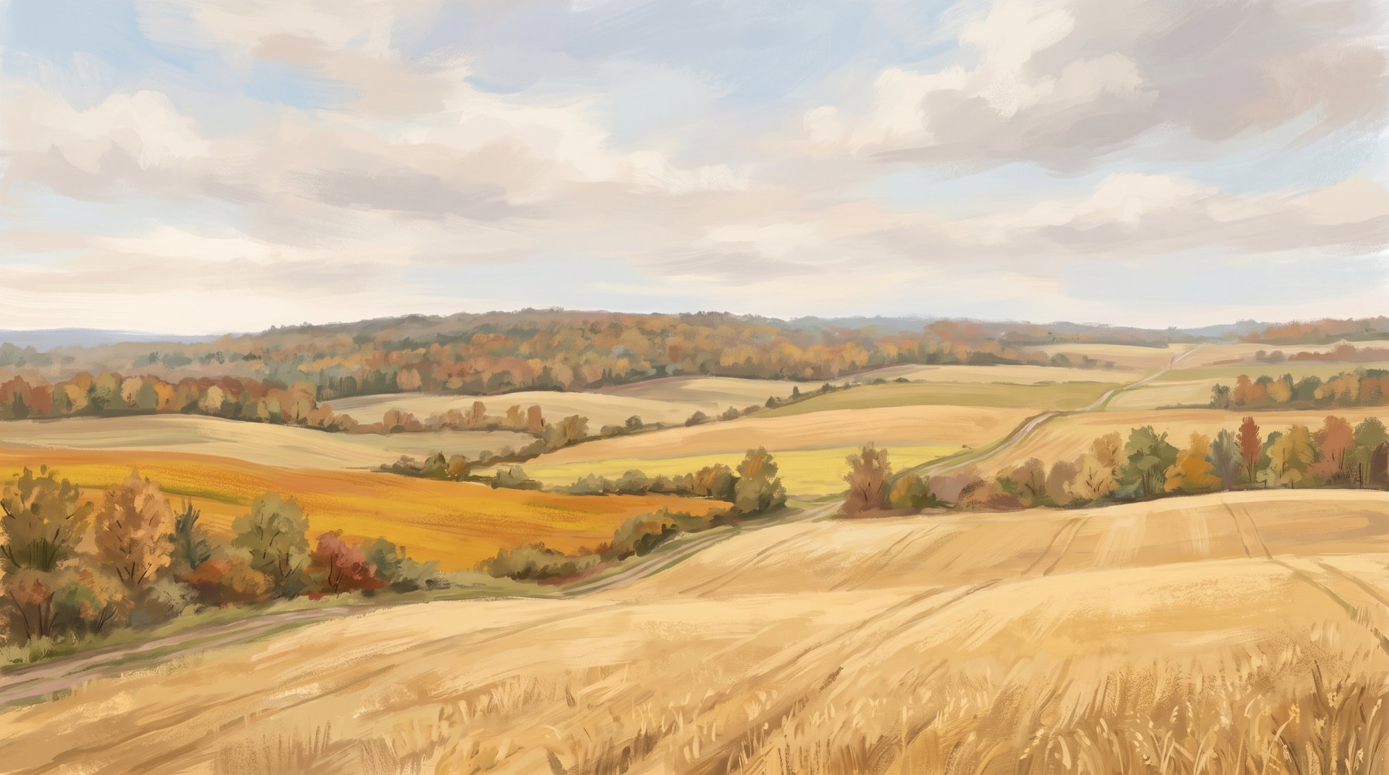 Illustration of rolling fields of golden grain and canola under a wide sky with a distant wooded ridge in fall