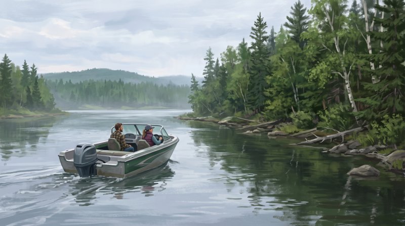 Illustration of I would like images that depict authentic Boating in Aroostook County Maine. I want each image to depict a different scene based on Boating in the season I have selected. The images need to depict modern times with motorboats not sail b...