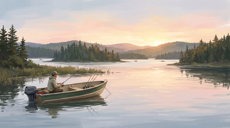 Illustration of I would like images that depict authentic Boating in Aroostook County Maine. I want each image to depict a different scene based on Boating in the season I have selected. The images need to depict modern times with motorboats not sail b...