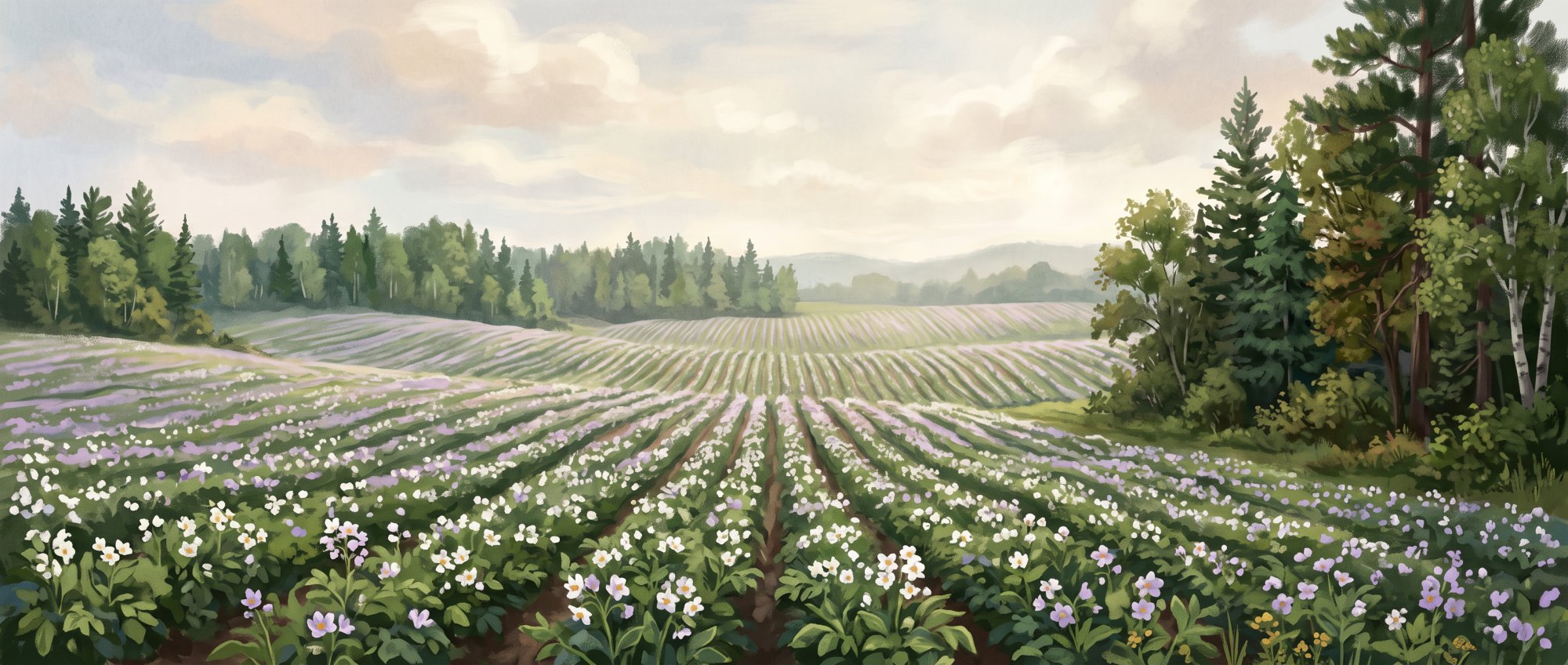 Illustration of a wide field of blooming potato plants stretching to a distant treeline in summer