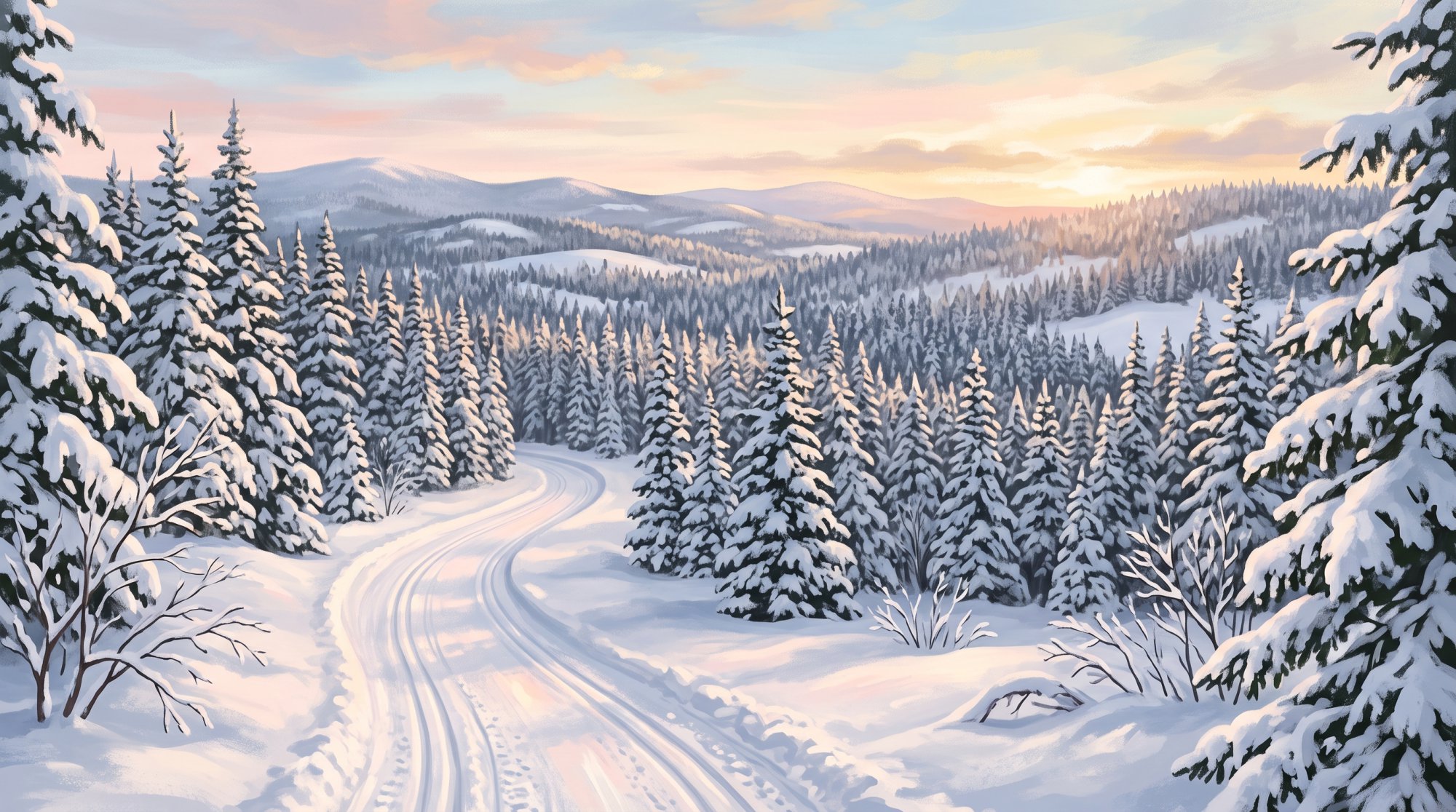 Illustration of a snow-covered spruce forest with a groomed trail winding between the trees in winter