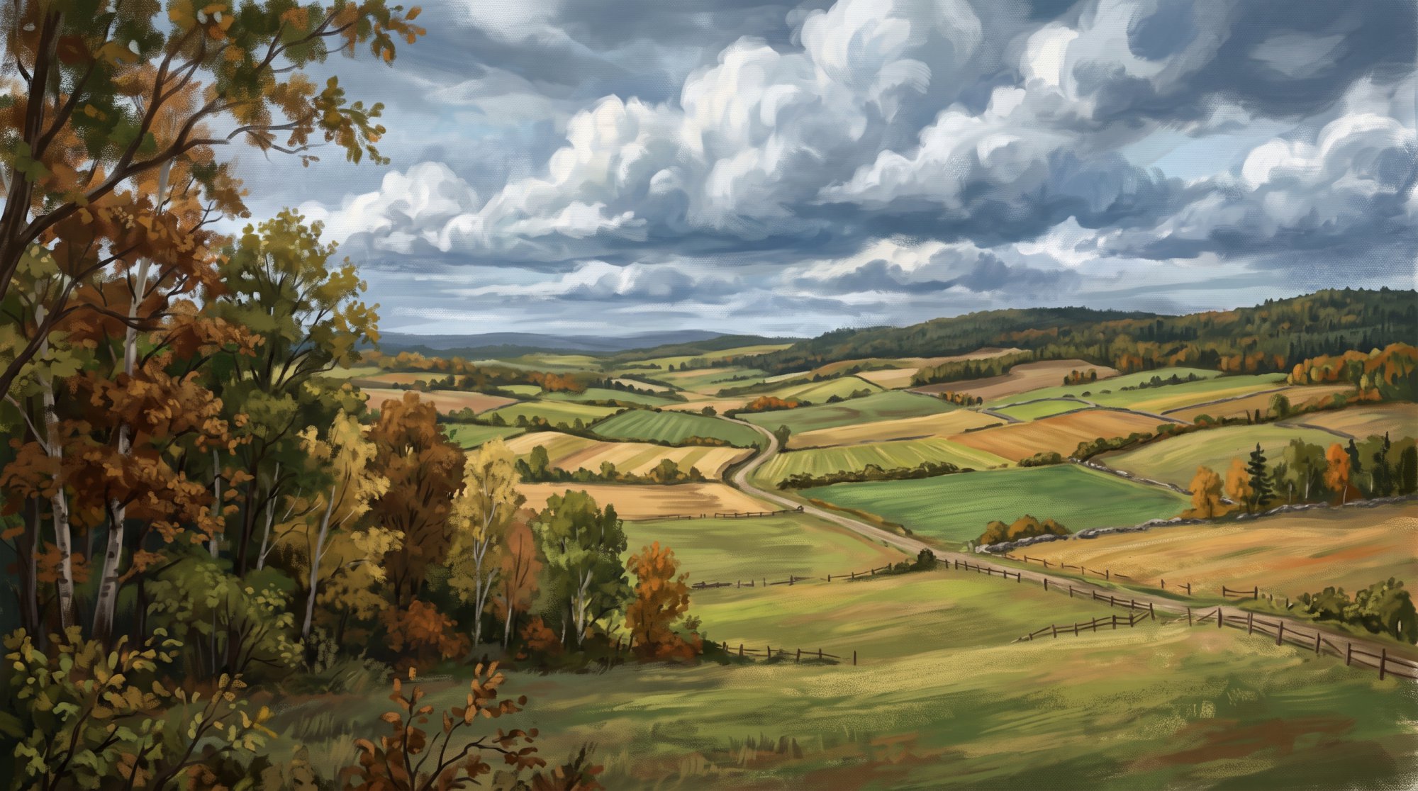 Illustration of open rolling farmland under dramatic clouds with a patchwork of green and gold fields in fall