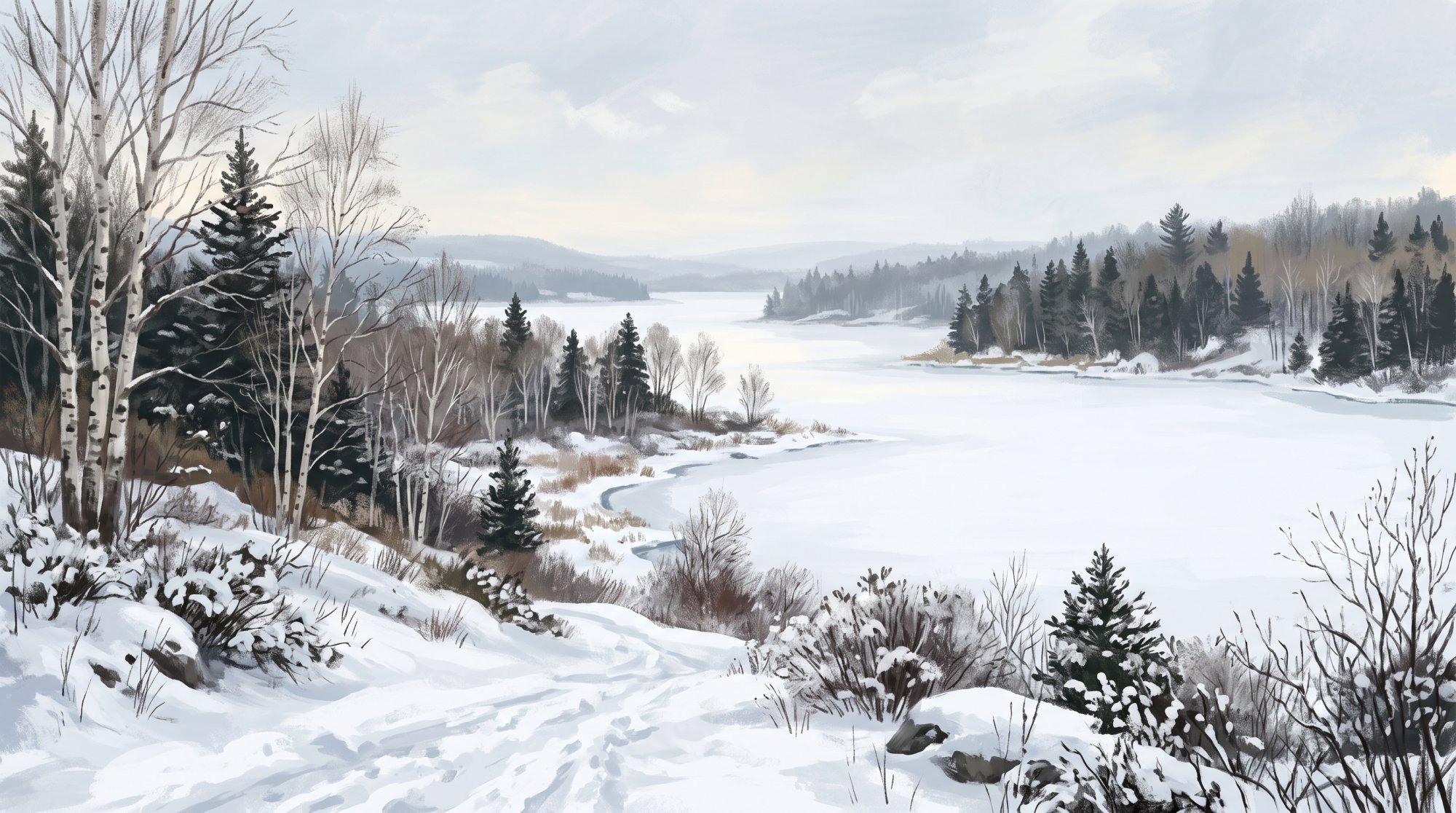 Illustration of a snow-covered lake shore with bare birches and dark spruce under a pale winter sky in winter