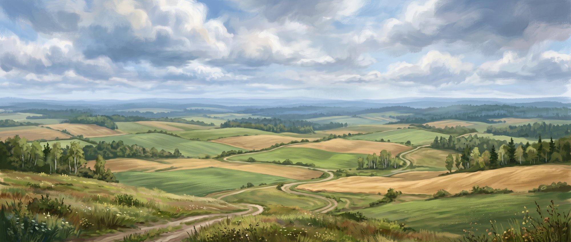 Illustration of open rolling farmland under dramatic clouds with a patchwork of green and gold fields in spring