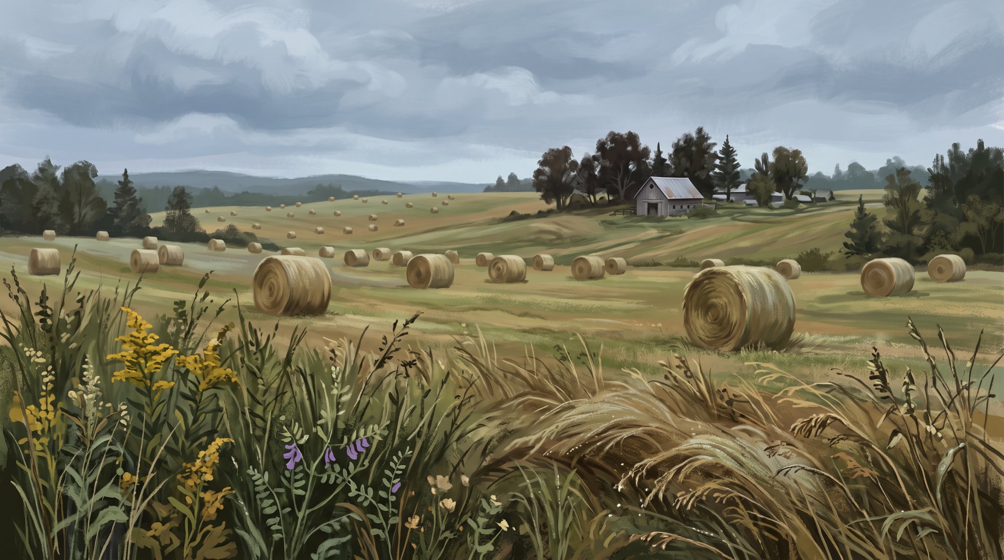 Illustration of a hayfield with round bales and a small distant barn under a big sky in summer