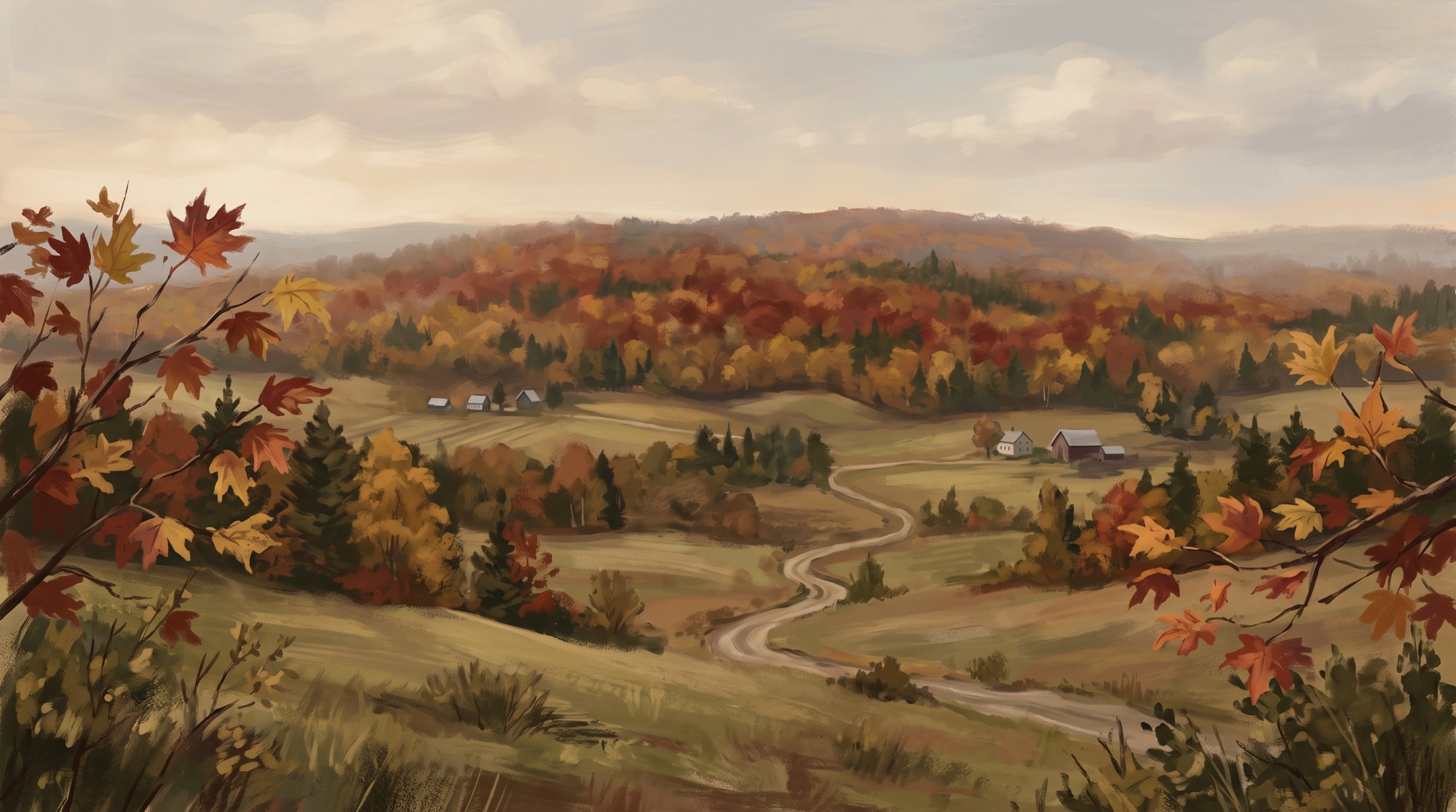 Illustration of a wooded hillside glowing with red and gold autumn maples above a small valley in fall
