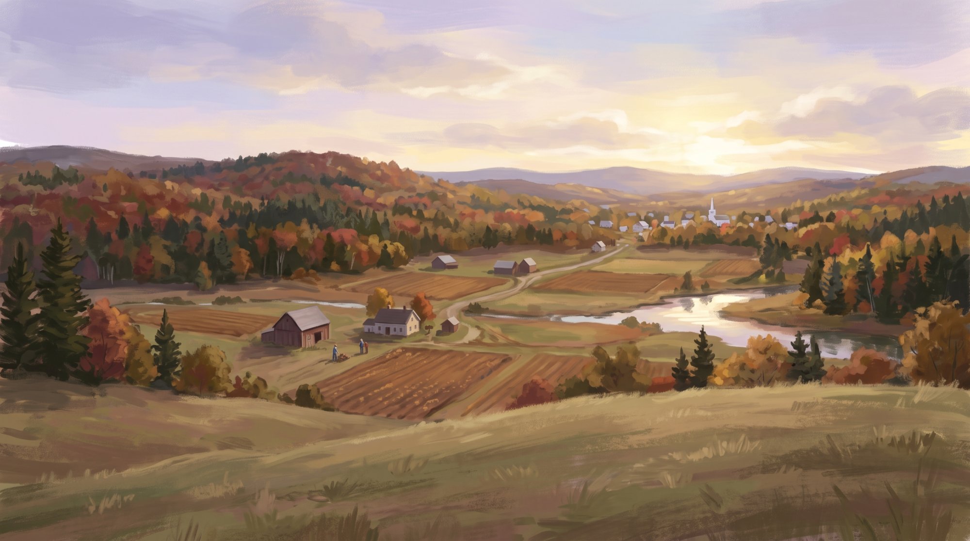 Illustration of I would like images that depict the historical values of Aroostook County Maine including culture and the outdoors. I want the images to be wider than 800px wide to fit the space they will be going in.