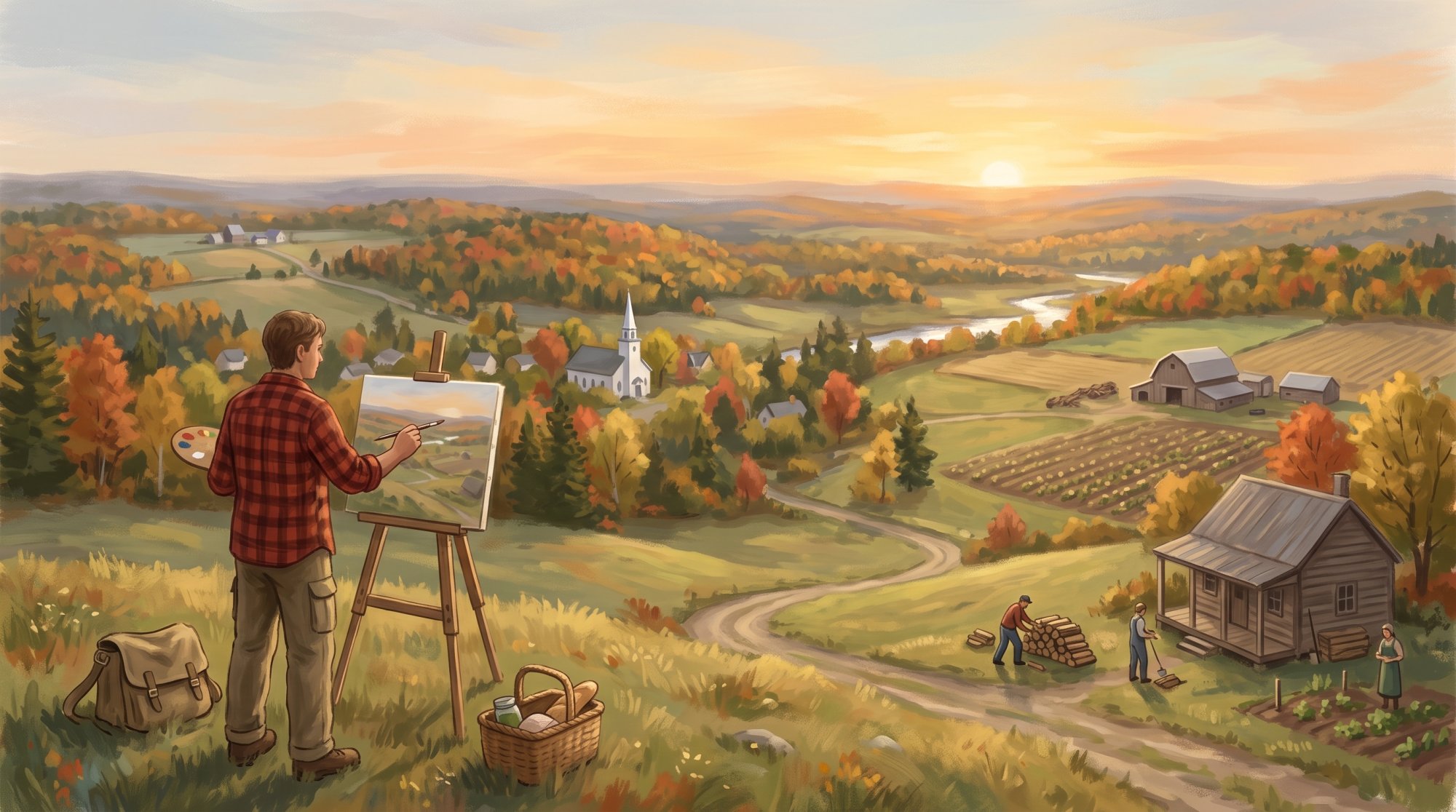 Illustration of I would like images that depict the historical values of Aroostook County Maine including culture and the outdoors. I want the images to be wider than 800px wide to fit the space they will be going in.