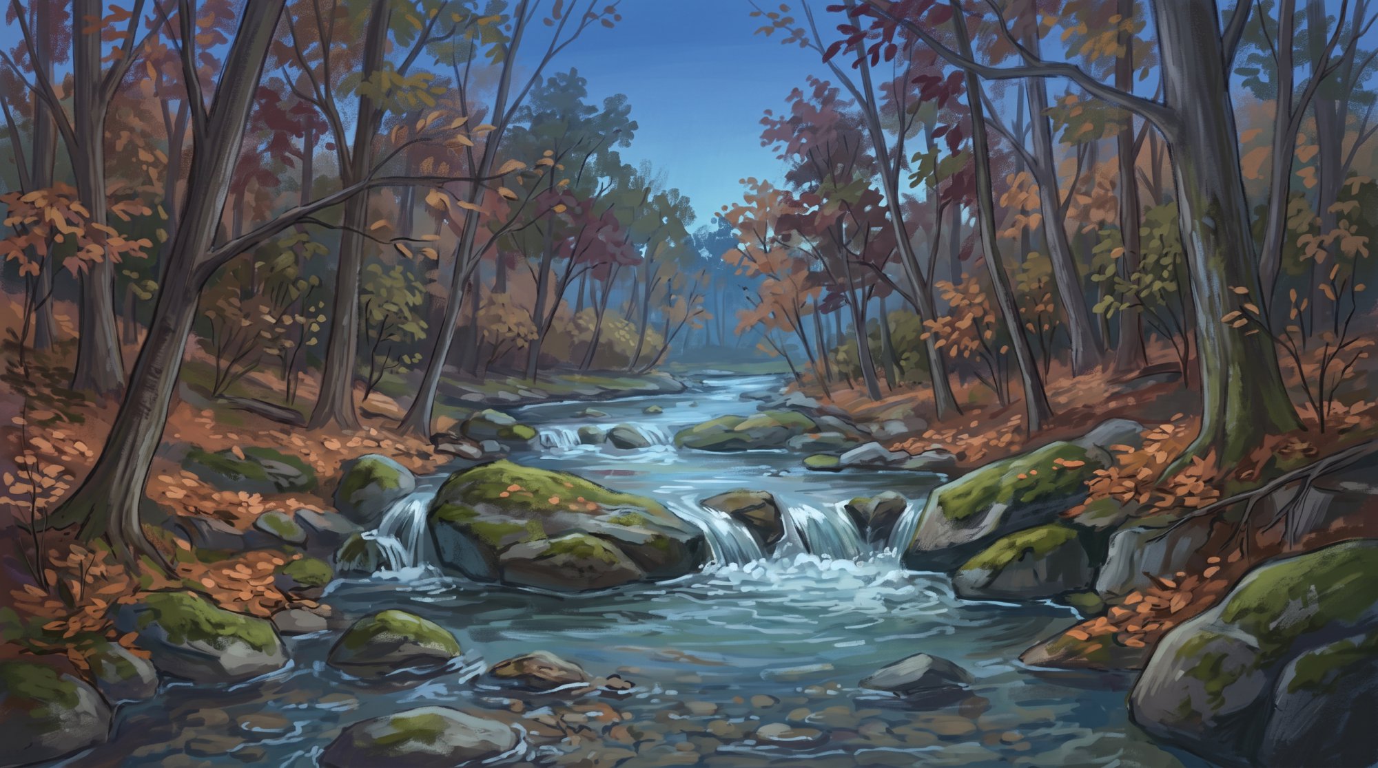 Illustration of a clear brook tumbling over mossy rocks through a quiet hardwood forest in fall