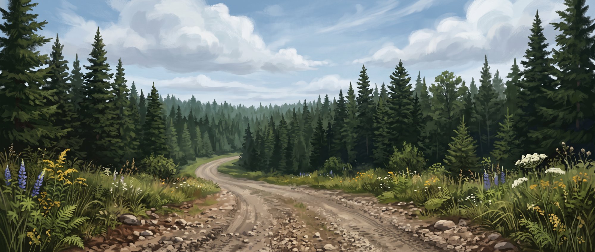 Illustration of a gravel woods road disappearing into a tall evergreen forest in summer