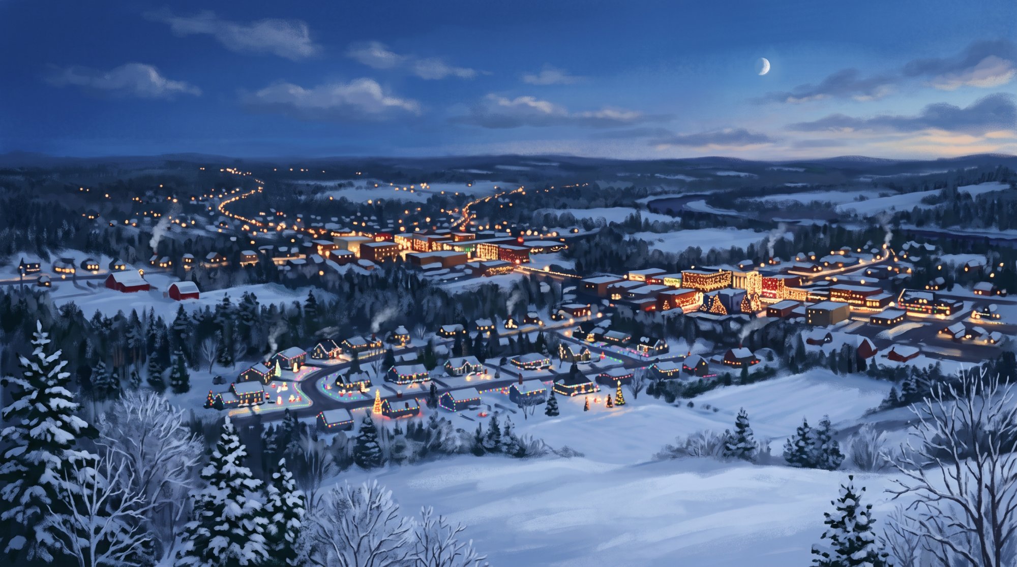 Illustration of I need images depicting Christmas lights in neighborhoods in Presque Isle and Fort Fairfield, Maine. I would also like images that depict businesses with a full light display.