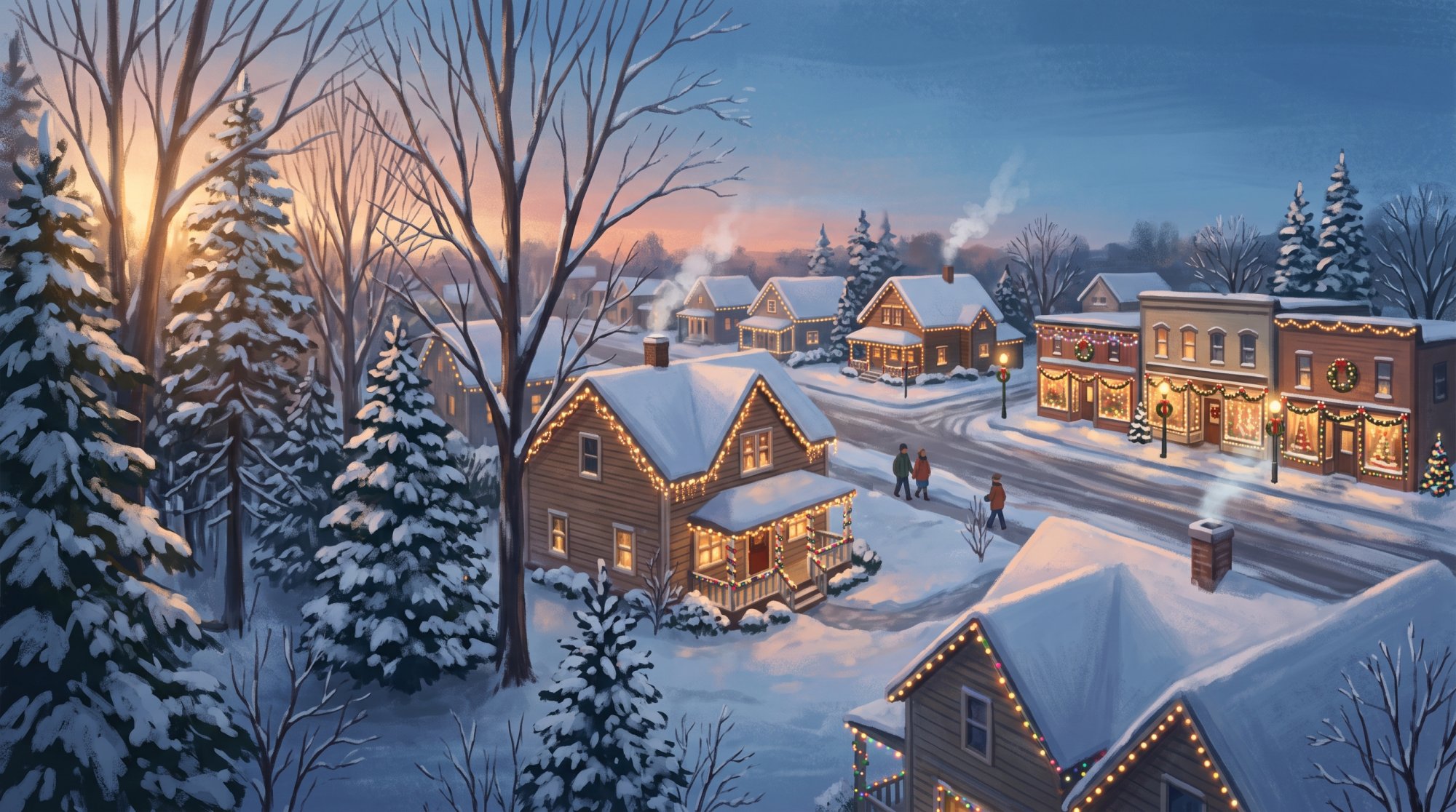 Illustration of I need images depicting Christmas lights in neighborhoods in Presque Isle and Fort Fairfield, Maine. I would also like images that depict businesses with a full light display.