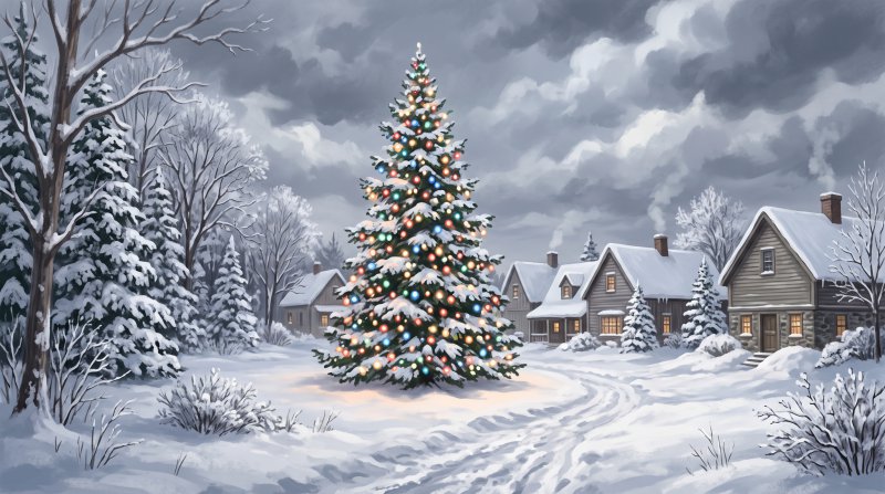 Illustration of a large evergreen tree glowing with colourful lights in a snowy town square in winter