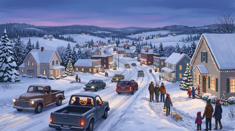 Illustration of I would like images depicting people in vehicles and walking in the winter in Aroostook County Maine looking at Christmas lights on businesses and homes. I would like a mixture of diffeerrent scenes.