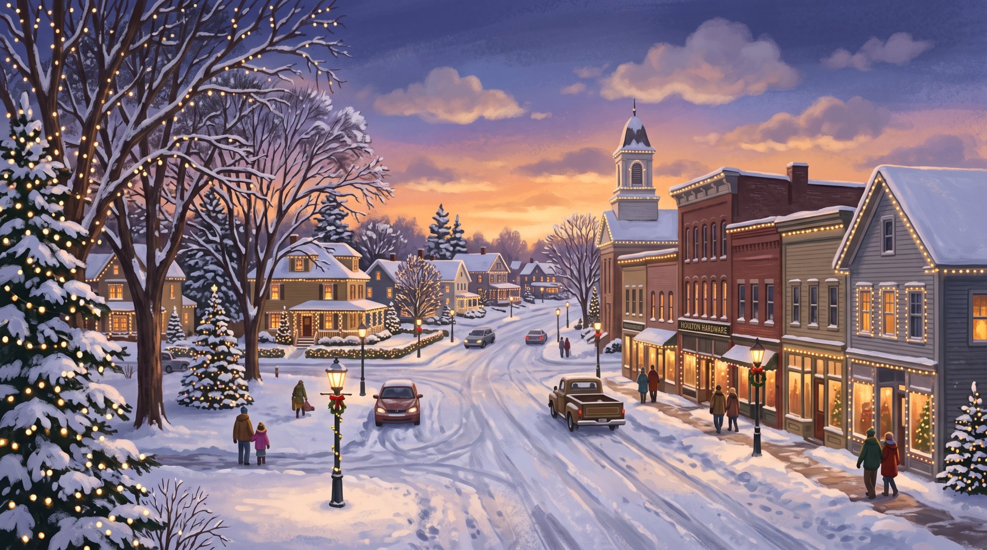 Illustration of I need images depicting Christmas Lights in downtown Houlton, Maine and the Court Street and Broadway residential areas of Houlton in the winter when the Christmas Lights are displayed on businesses and resdences.