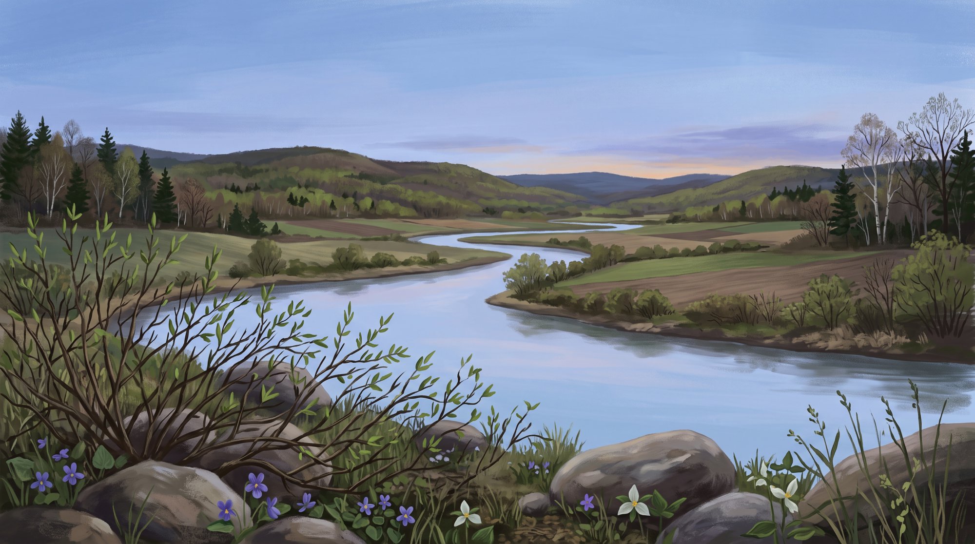 Illustration of a broad, quiet river winding through a valley of farmland and low rolling hills in spring
