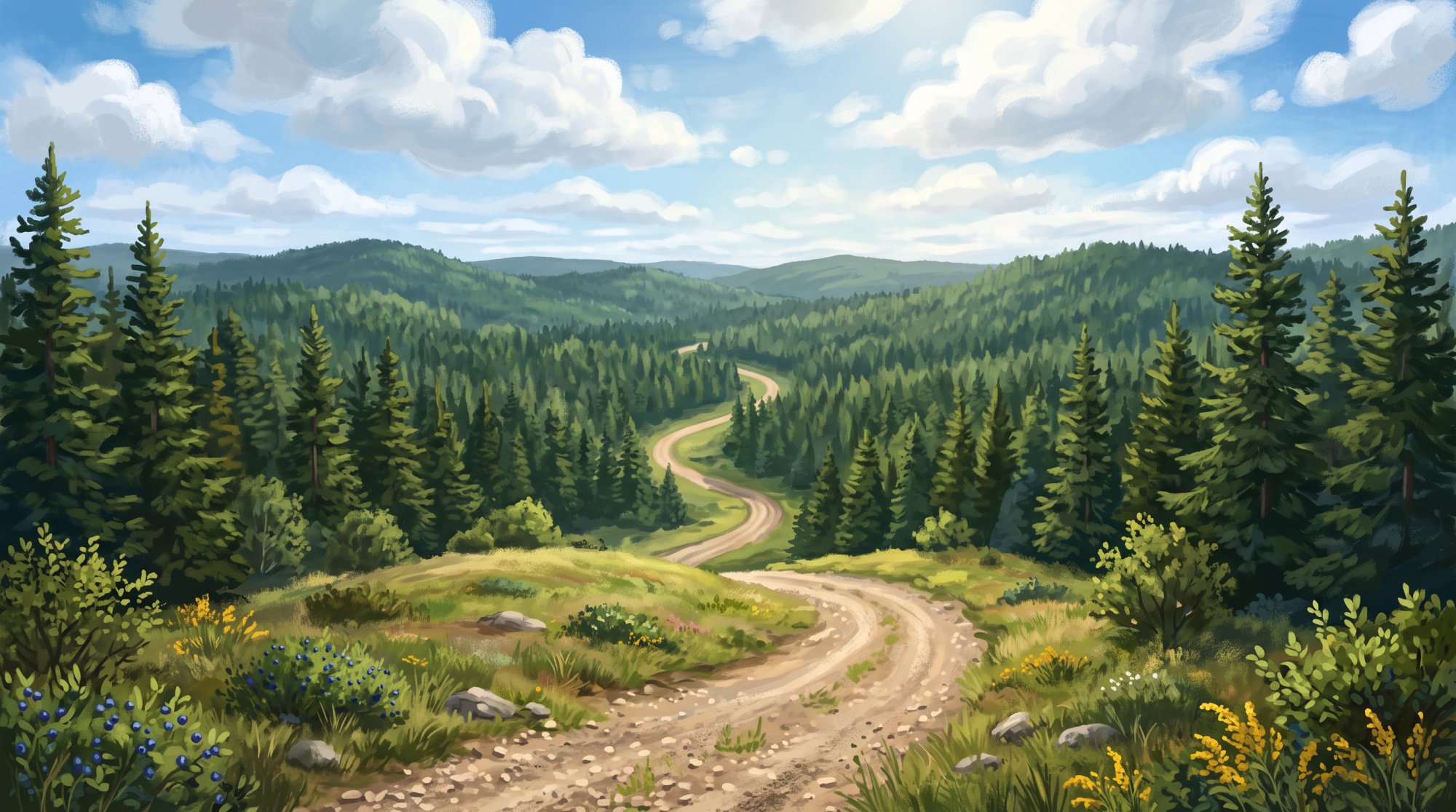 Illustration of a gravel woods road disappearing into a tall evergreen forest in summer