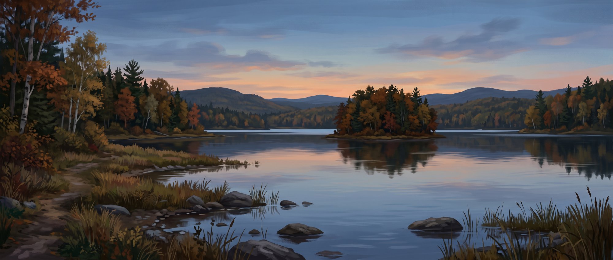 Illustration of a wide lake with a small wooded island and distant hills under a soft sky in fall