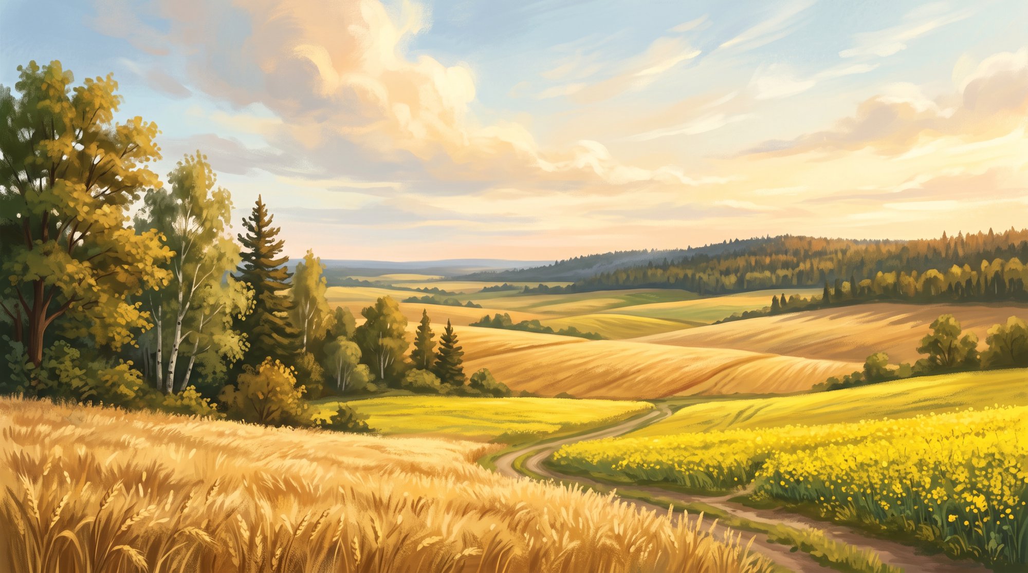 Illustration of rolling fields of golden grain and canola under a wide sky with a distant wooded ridge in summer
