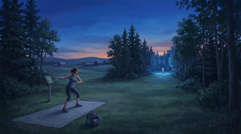 Illustration of I would like images that depict authentic Disc Golf in Aroostook County Maine. I want each image to depict a different scene based on Disc Golf in the season I have selected. The images need to depict modern times with people playing di...