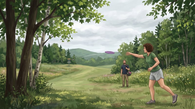 Illustration of I would like images that depict authentic Disc Golf in Aroostook County Maine. I want each image to depict a different scene based on Disc Golf in the season I have selected. The images need to depict modern times with people playing di...