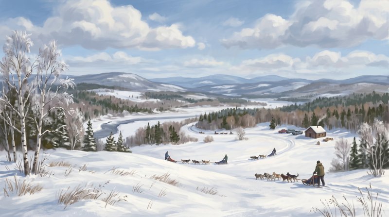 Illustration of I would like images depicting the Can Am Dog Sled Races in Aroostook County, Maine in the winter in the different areas of Aroostook County where the race is run.