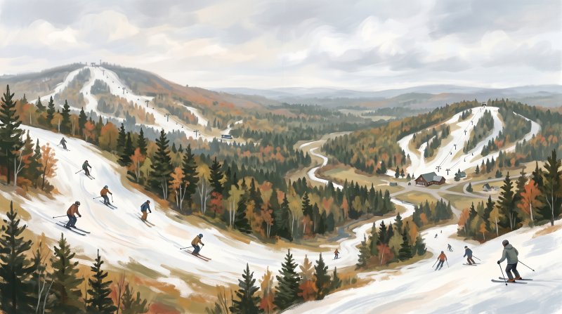 Illustration of I would like images depicting downhill skiing at Big Rock Mountain Ski Area in Mars Hill Maine and Quoggy Joe Ski Area in Presque Isle, Maine with different scenes.