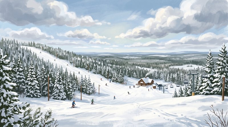 Illustration of I would like images depicting night skiing in the winter at Quoggy Joe Ski Area in Presque isle, Maine. Only use authentic winter scenes from Quoggy Joe.