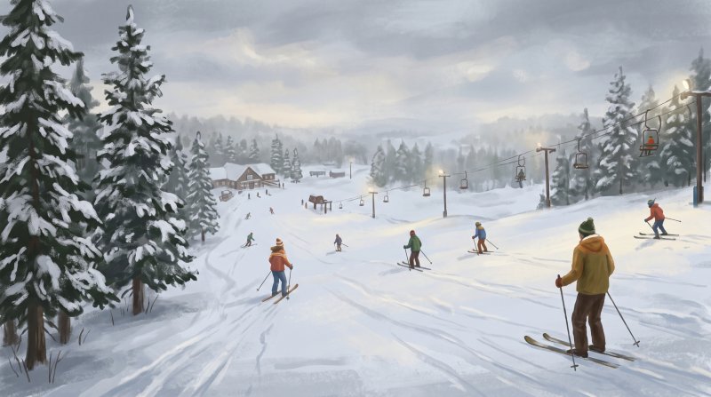 Illustration of I would like images depicting night skiing in the winter at Quoggy Joe Ski Area in Presque isle, Maine. Only use authentic winter scenes from Quoggy Joe.