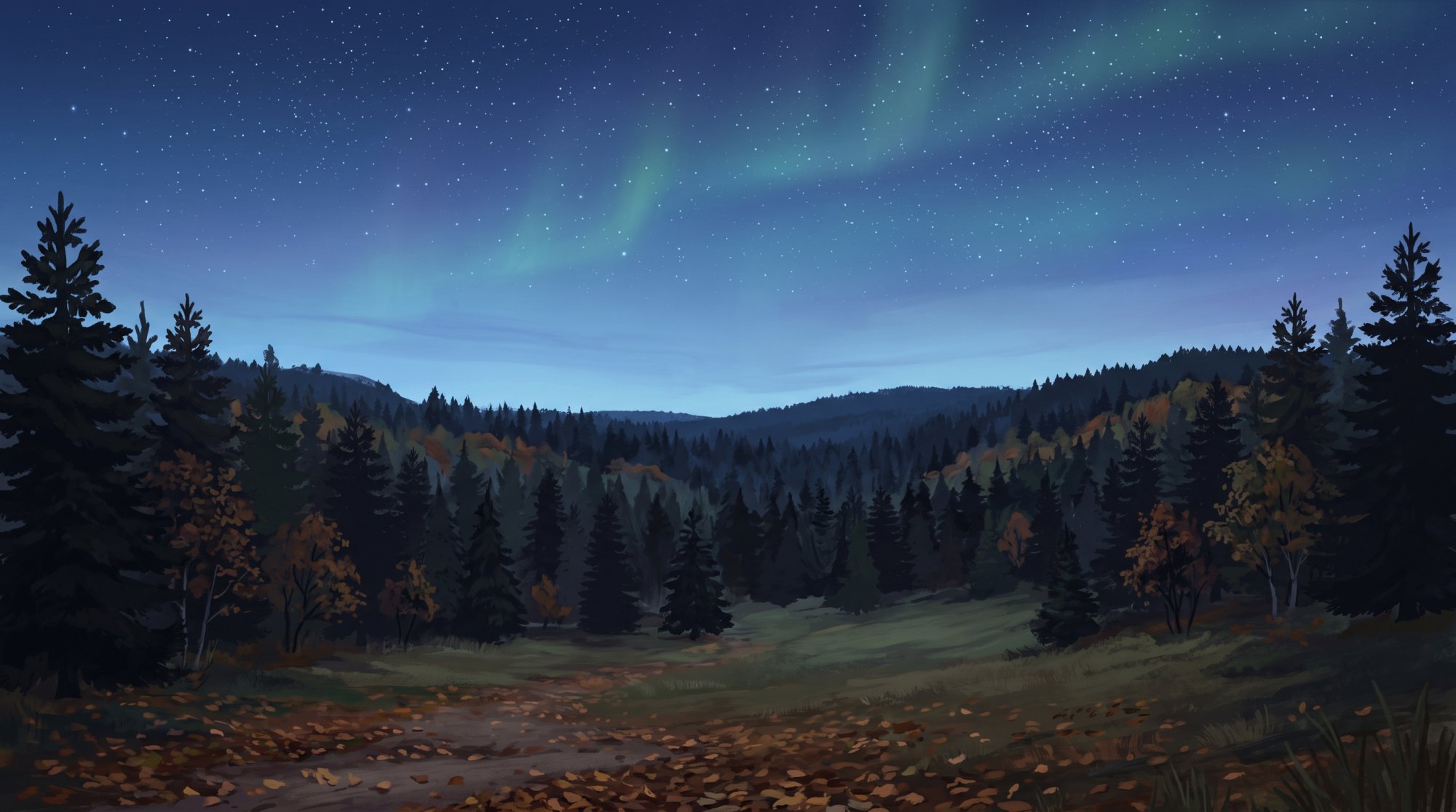 Illustration of a dark pine forest under a clear starry sky with faint northern lights in fall
