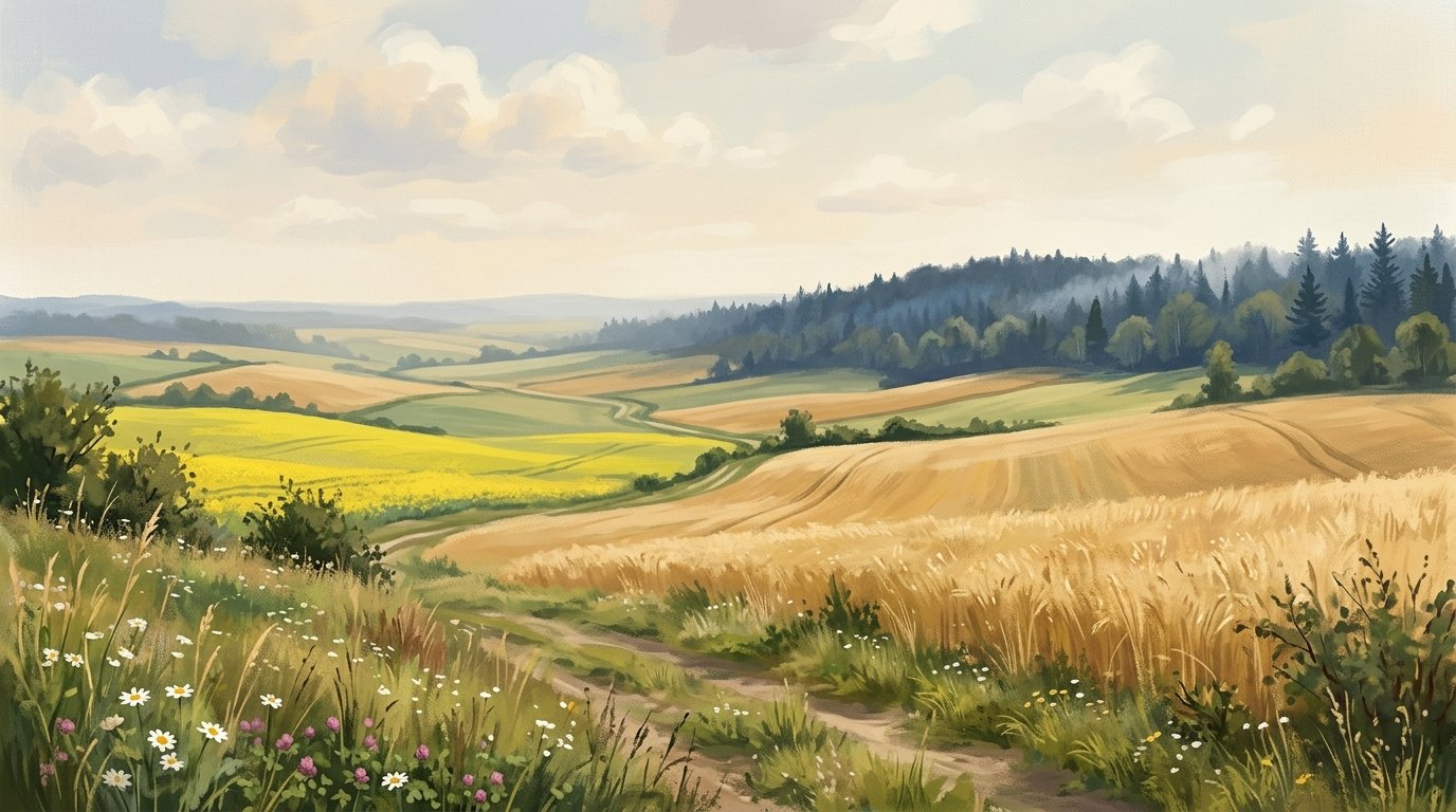 Illustration of rolling fields of golden grain and canola under a wide sky with a distant wooded ridge in summer