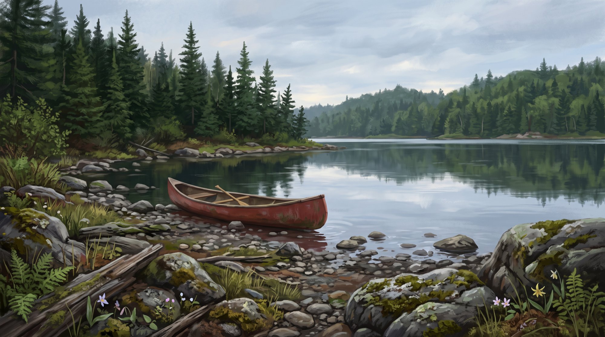 Illustration of a quiet lake at dawn with a canoe resting on a rocky shore and spruce trees behind in spring
