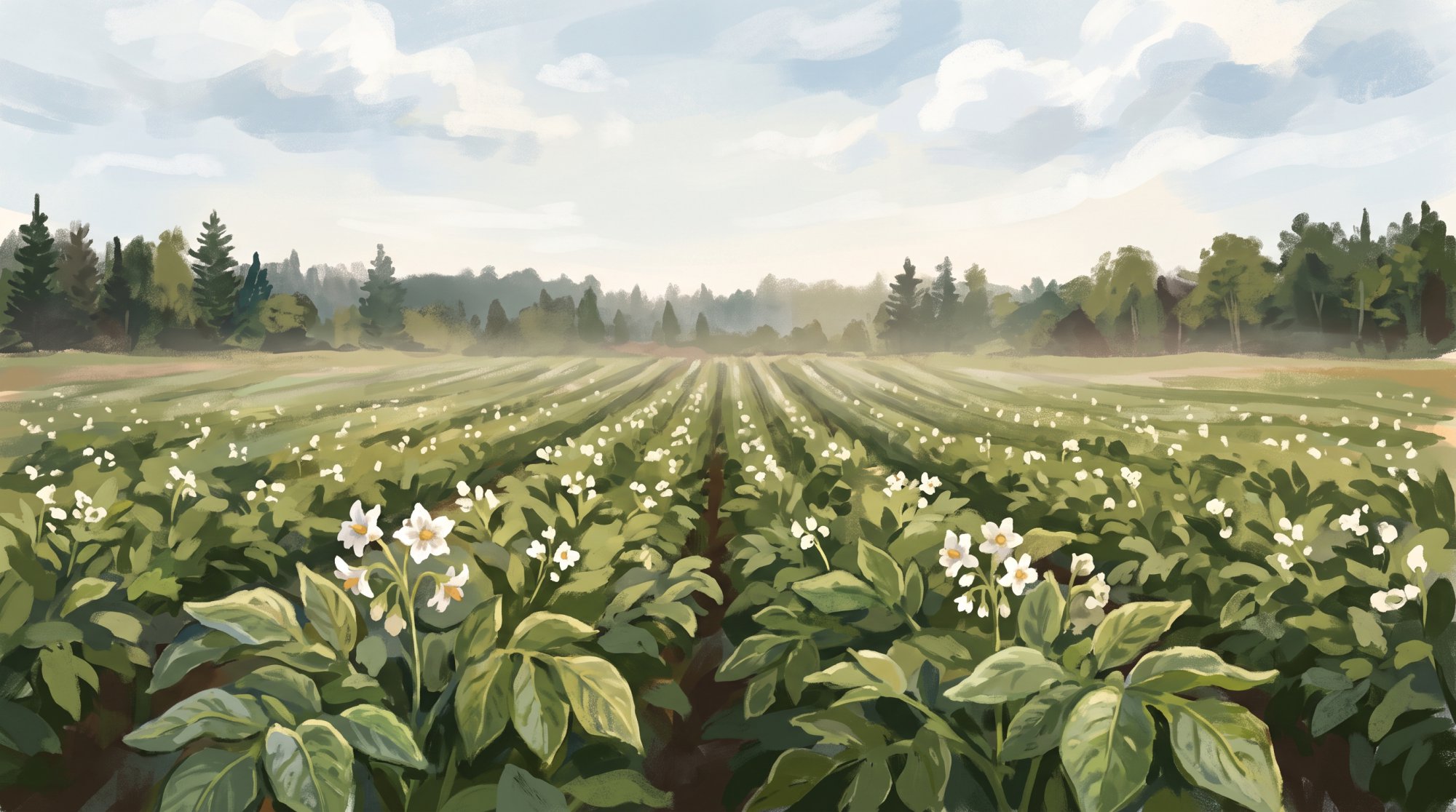 Illustration of a wide field of blooming potato plants stretching to a distant treeline in summer