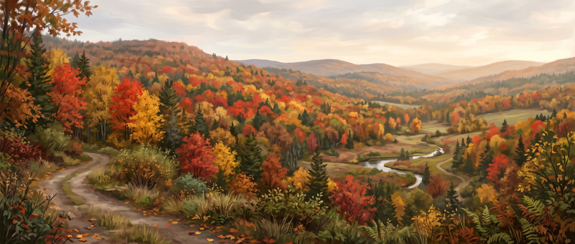 Illustration of a wooded hillside glowing with red and gold autumn maples above a small valley in fall