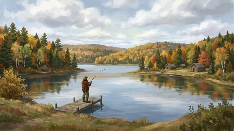 Illustration of I would like images depicting a fisherman in different rivers and streams for three of the images and the main image I want to depict a fisgereman on a dock at a lake camp deep in the woods of norther Maine.