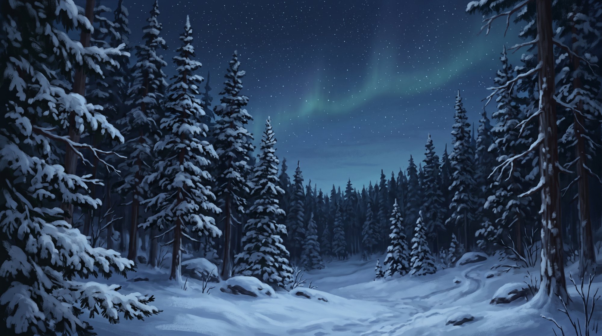 Illustration of a dark pine forest under a clear starry sky with faint northern lights in winter