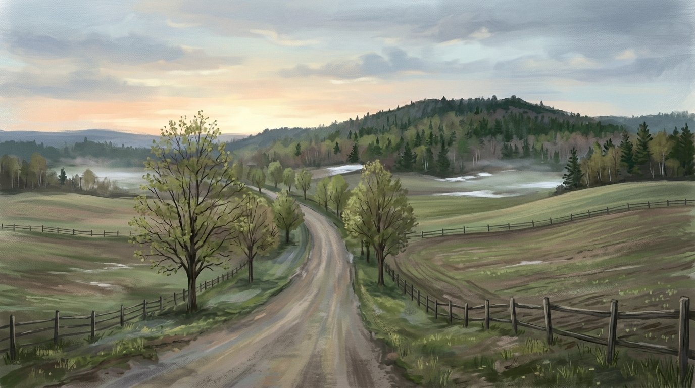 Illustration of a quiet country road lined with maple trees between open farm fields and a wooded ridge in spring