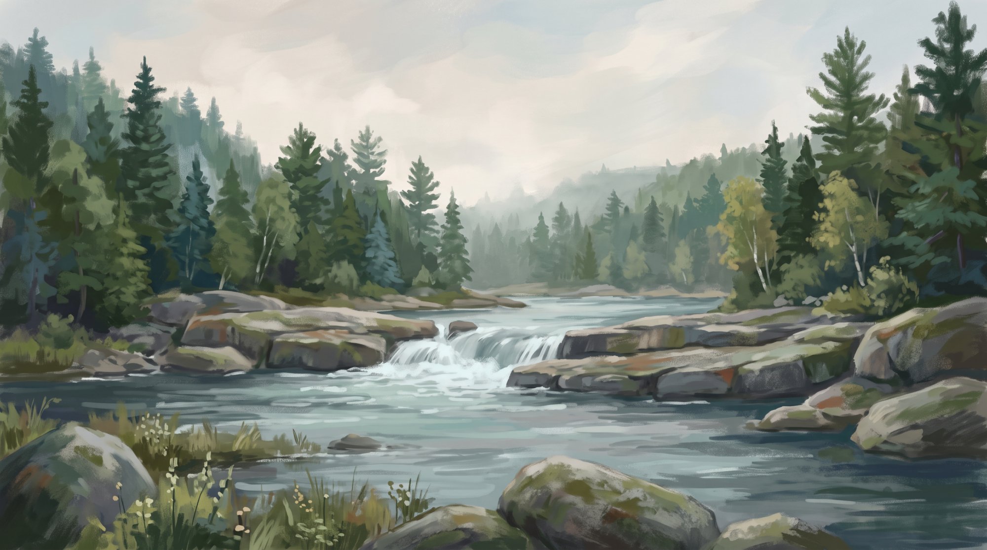 Illustration of a river tumbling over broad stone ledges in a gentle waterfall surrounded by evergreens in summer