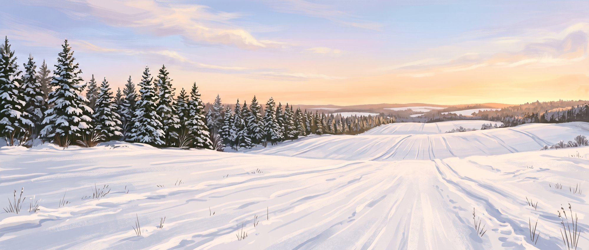 Illustration of a snow-covered farm field at dusk with a long line of evergreens and a faint glow on the horizon in winter